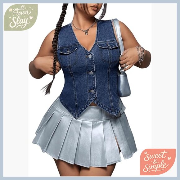 Plus Size Denim Vest Sleeveless V Neck Button Down Casual Wear